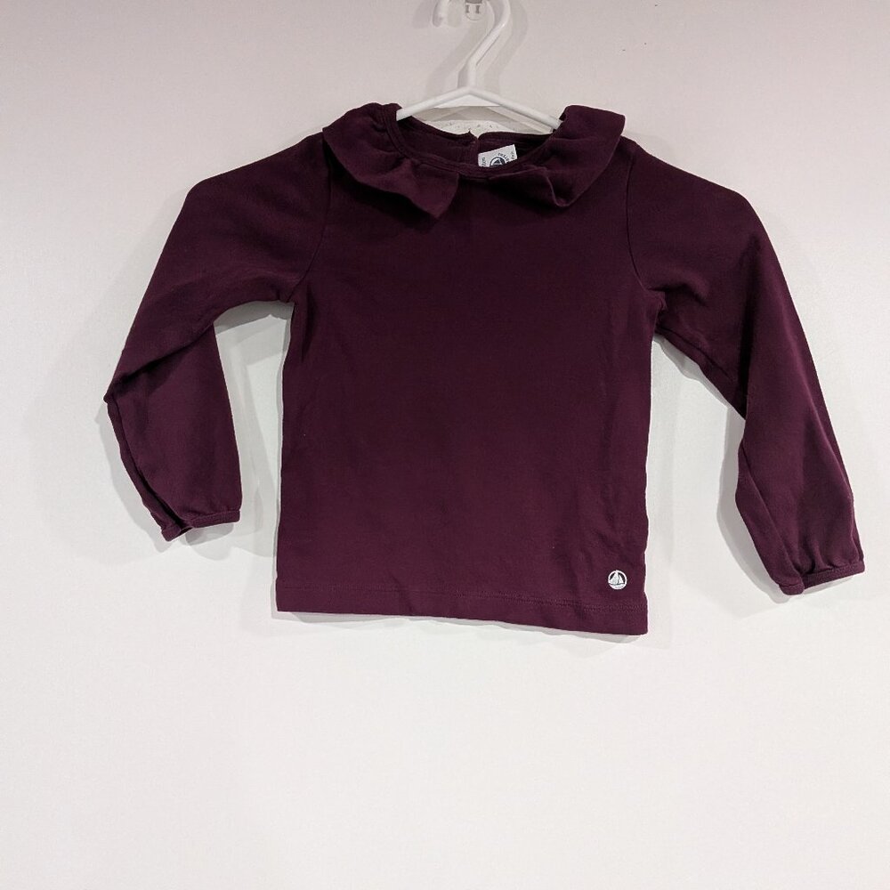 Petit Bateau Ruffle Collar Long Sleeve Top Burgundy Size 5